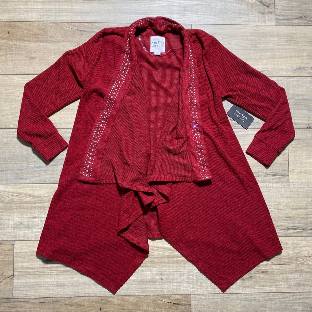 New York Laundry Womens Open From Waterfall Cardigan With Rhinestones Medium Red